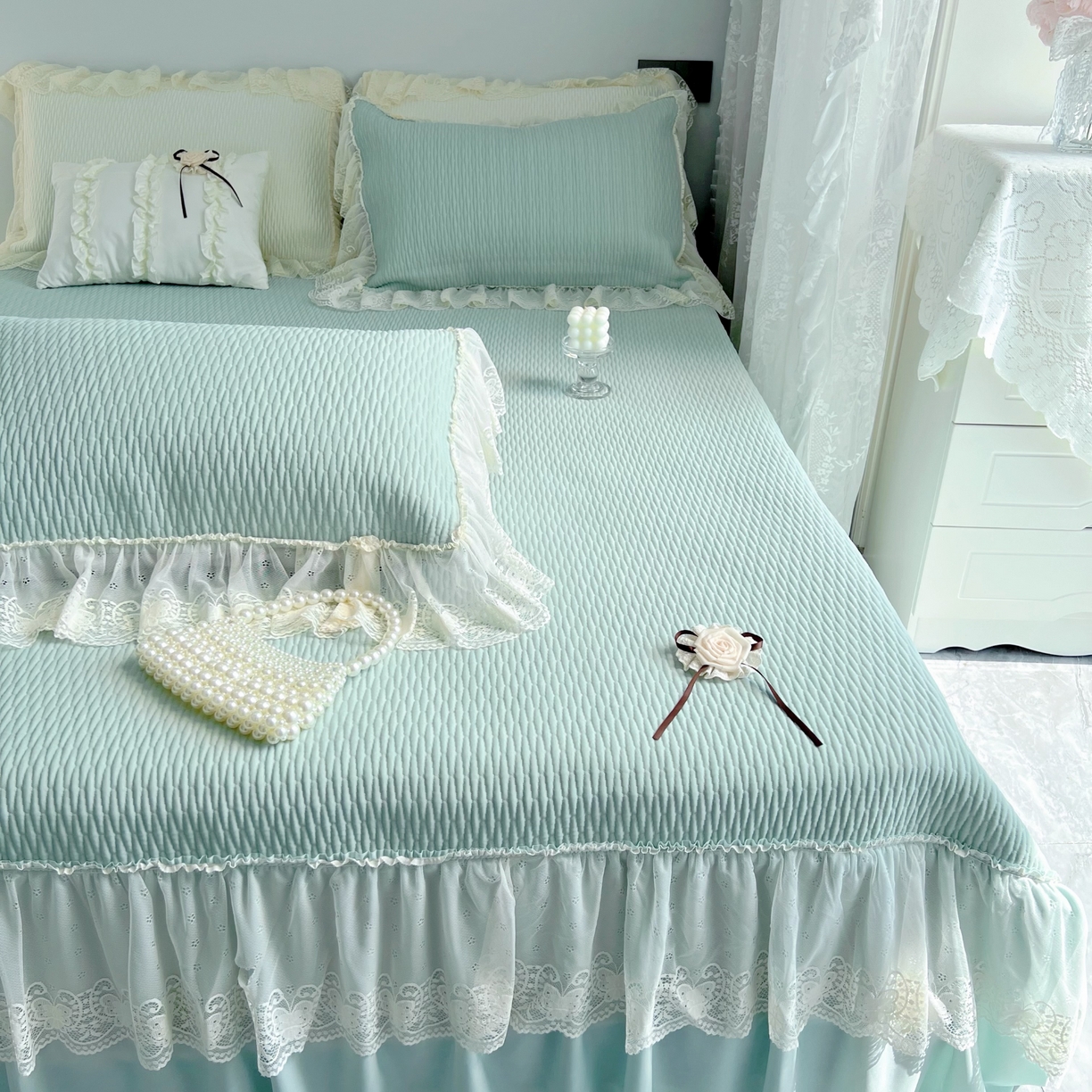 91家纺网 家纺一手货源 找家纺 恋尚羽 2026新款高分子PE凉泡泡大床裙凉感席波浪冰豆豆凉席席子三件套-系列 山茶可可 绿色