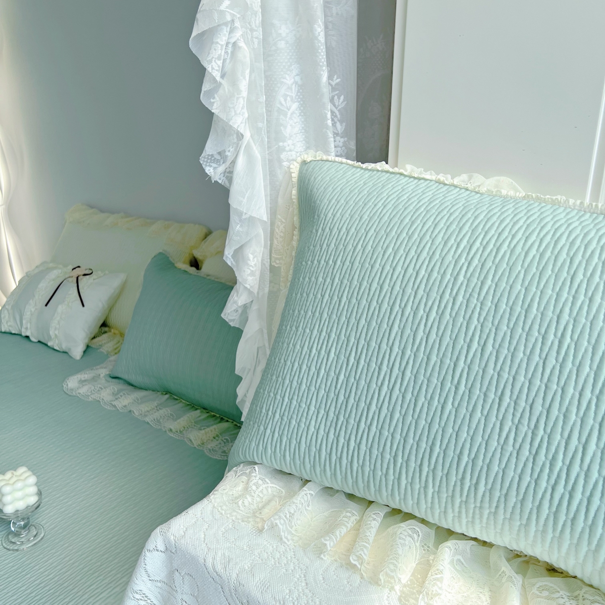 91家纺网 家纺一手货源 找家纺 恋尚羽 2026新款高分子PE凉泡泡大床裙凉感席波浪冰豆豆凉席席子三件套-系列 山茶可可 绿色