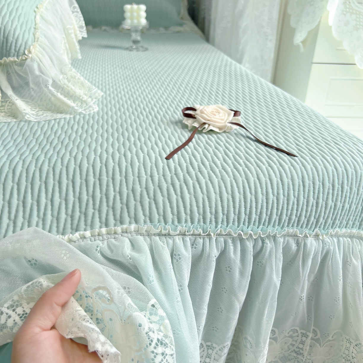 91家纺网 家纺一手货源 找家纺 恋尚羽 2026新款高分子PE凉泡泡大床裙凉感席波浪冰豆豆凉席席子三件套-系列 山茶可可 绿色