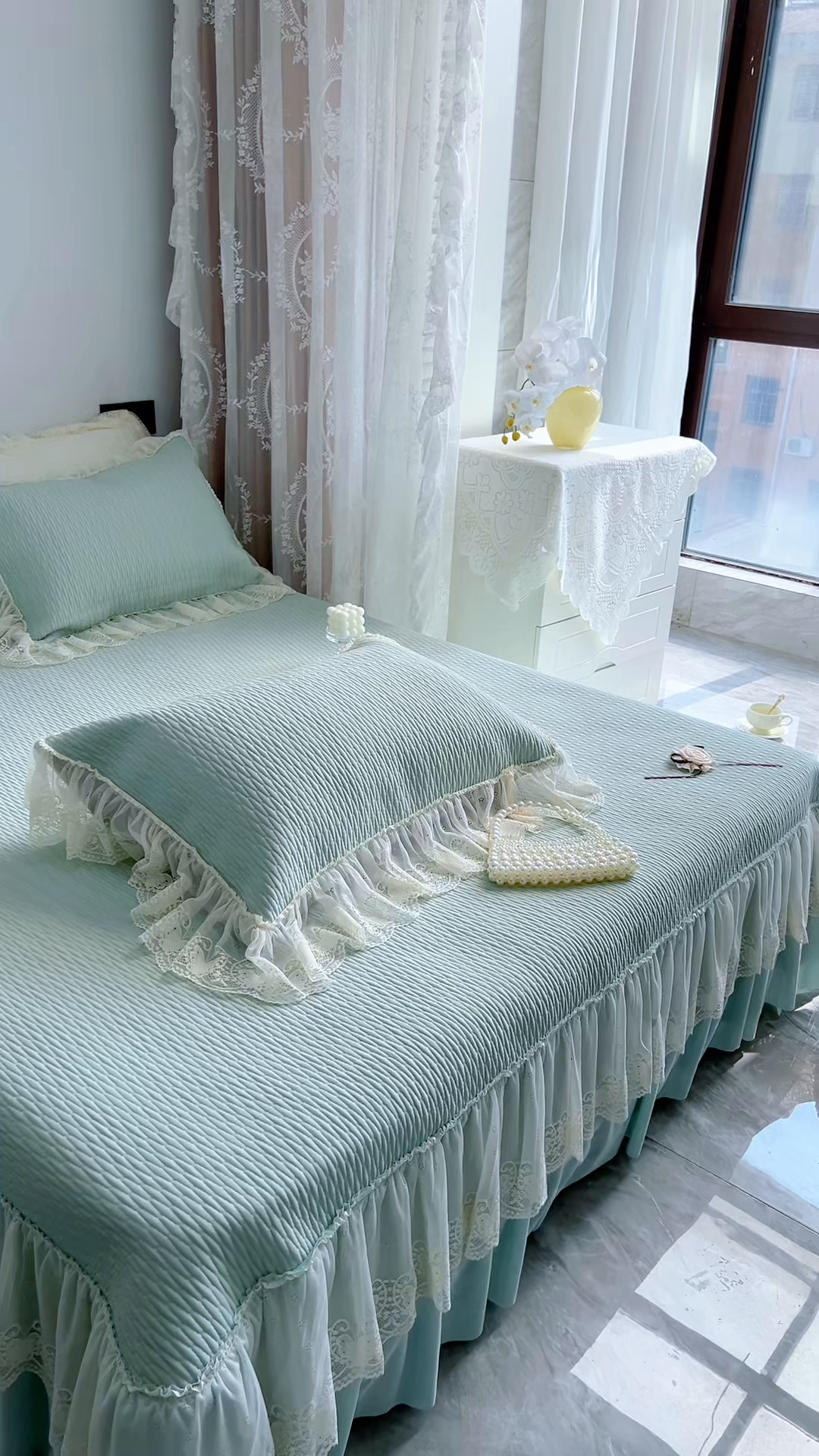91家纺网 家纺一手货源 找家纺 恋尚羽 2026新款高分子PE凉泡泡大床裙凉感席波浪冰豆豆凉席席子三件套-系列 山茶可可 绿色