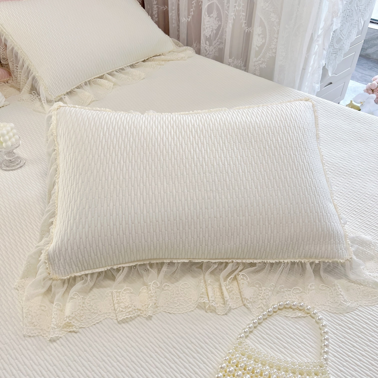 91家纺网 家纺一手货源 找家纺 恋尚羽 2026新款高分子PE凉泡泡大床裙凉感席波浪冰豆豆凉席席子三件套-系列 山茶可可 米白色