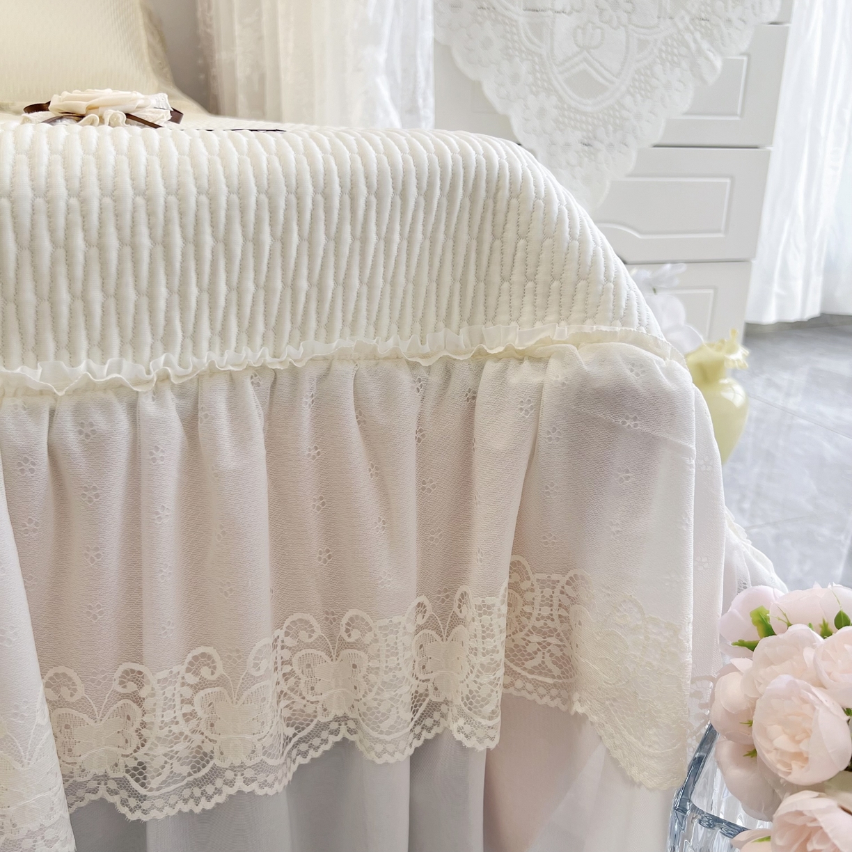 91家纺网 家纺一手货源 找家纺 恋尚羽 2026新款高分子PE凉泡泡大床裙凉感席波浪冰豆豆凉席席子三件套-系列 山茶可可 米白色