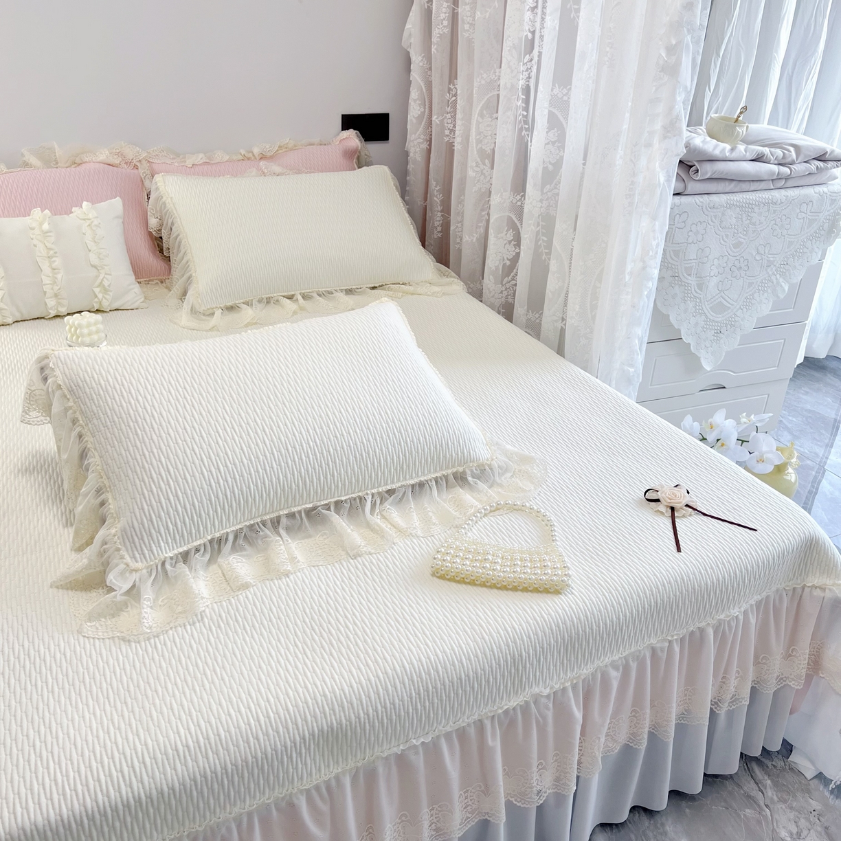 91家纺网 家纺一手货源 找家纺 恋尚羽 2026新款高分子PE凉泡泡大床裙凉感席波浪冰豆豆凉席席子三件套-系列 山茶可可 米白色