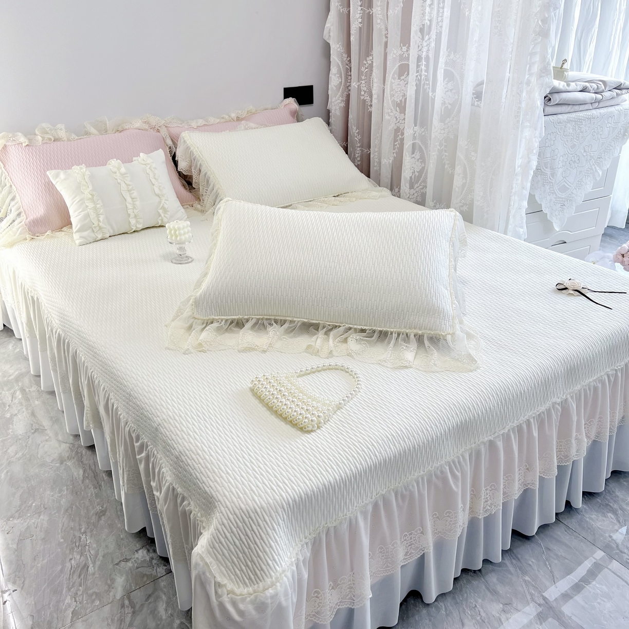 91家纺网 家纺一手货源 找家纺 恋尚羽 2026新款高分子PE凉泡泡大床裙凉感席波浪冰豆豆凉席席子三件套-系列 山茶可可 米白色