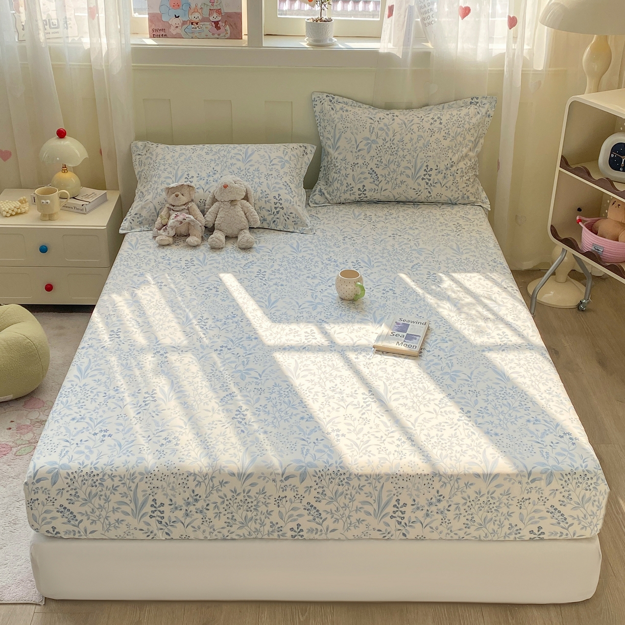 91家纺网 家纺一手货源 找家纺 女子家纺 2026新款全棉纯棉印花小印花花卉款单床笠床笠单件 蓝沫