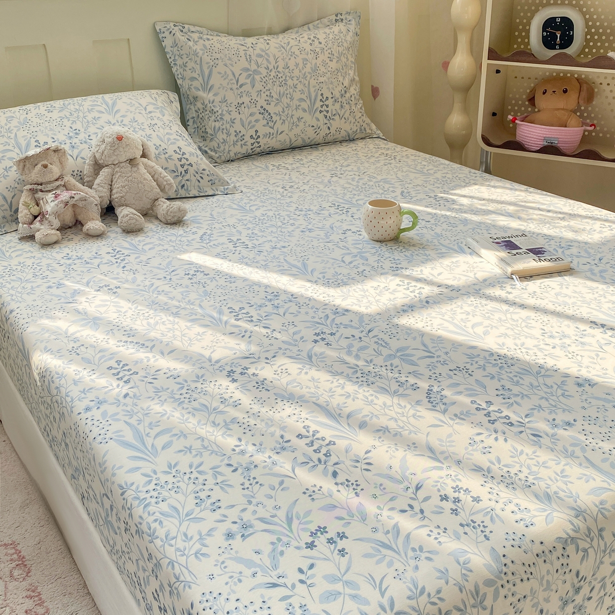 91家纺网 家纺一手货源 找家纺 女子家纺 2026新款全棉纯棉印花小印花花卉款单床笠床笠单件 蓝沫