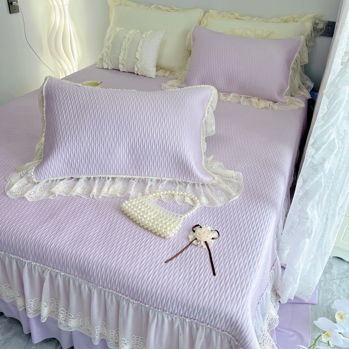 91家纺网 家纺一手货源 找家纺 恋尚羽 2026新款高分子PE凉泡泡大床裙凉感席波浪冰豆豆凉席席子三件套-系列 山茶可可 紫色