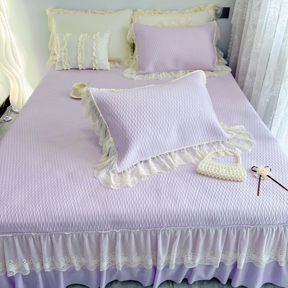 91家纺网 家纺一手货源 找家纺 恋尚羽 2026新款高分子PE凉泡泡大床裙凉感席波浪冰豆豆凉席席子三件套-系列 山茶可可 紫色
