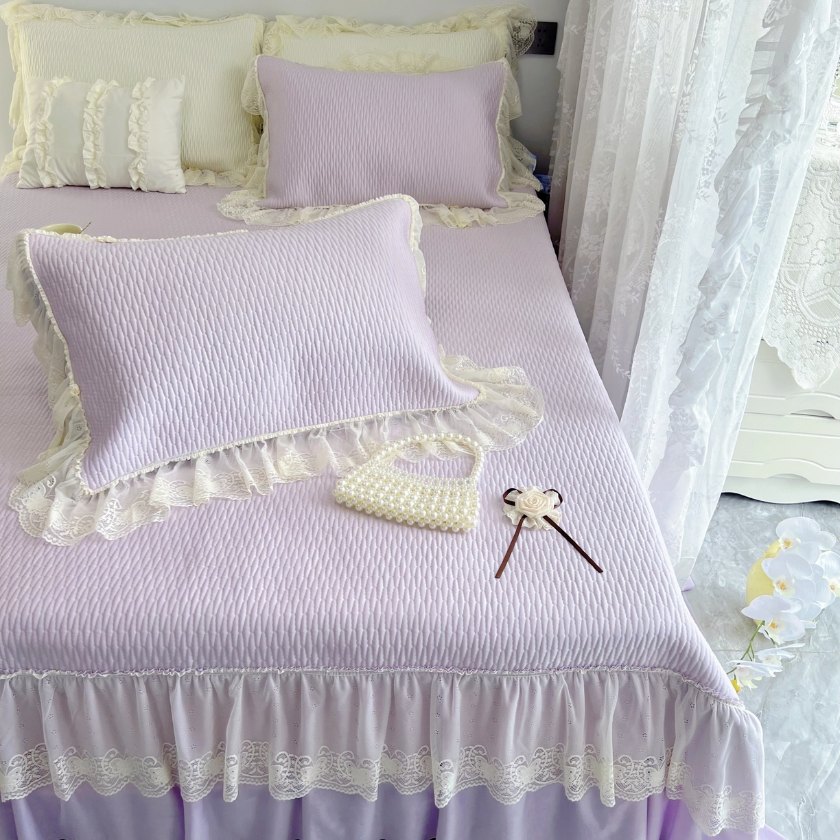 91家纺网 家纺一手货源 找家纺 恋尚羽 2026新款高分子PE凉泡泡大床裙凉感席波浪冰豆豆凉席席子三件套-系列 山茶可可 紫色