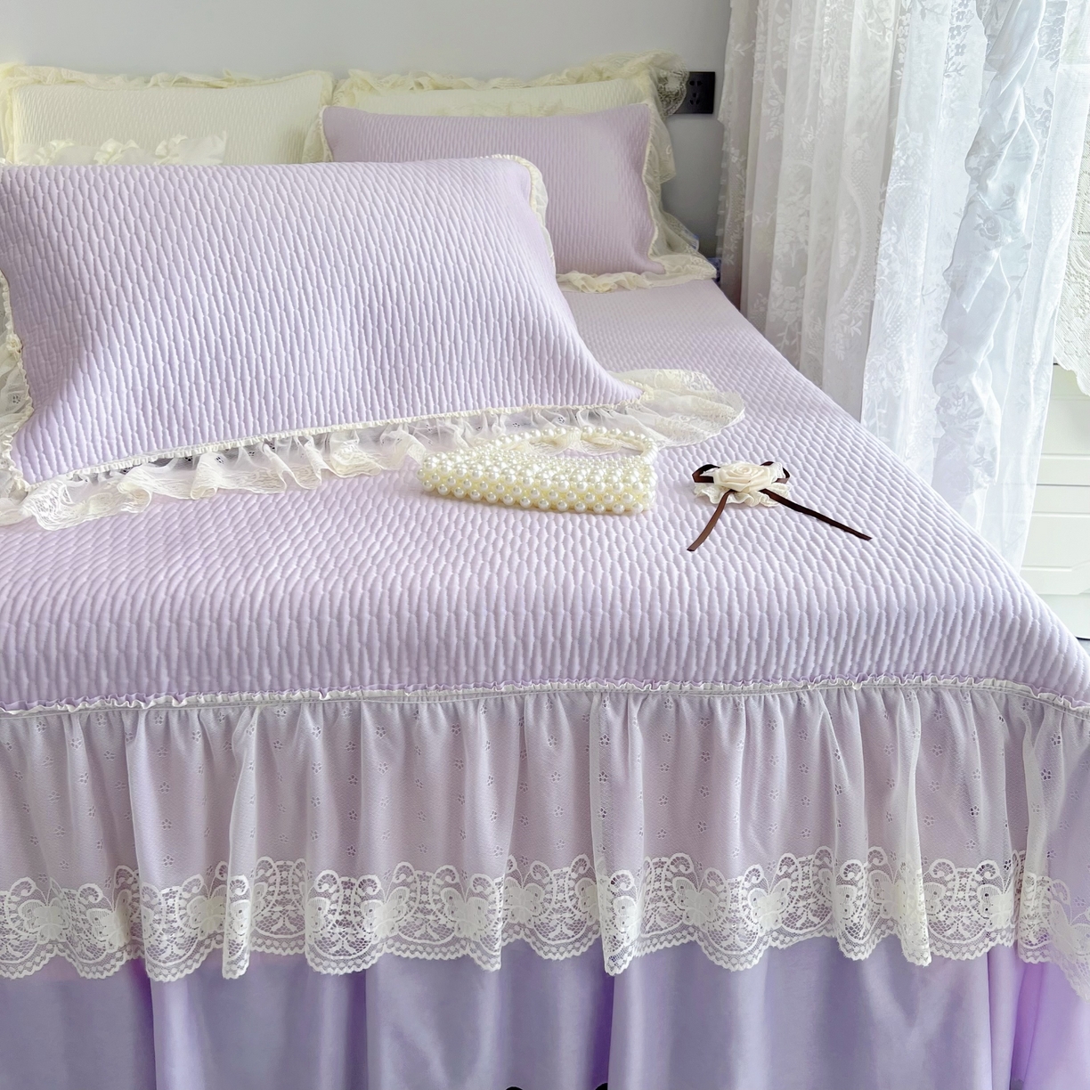 91家纺网 家纺一手货源 找家纺 恋尚羽 2026新款高分子PE凉泡泡大床裙凉感席波浪冰豆豆凉席席子三件套-系列 山茶可可 紫色