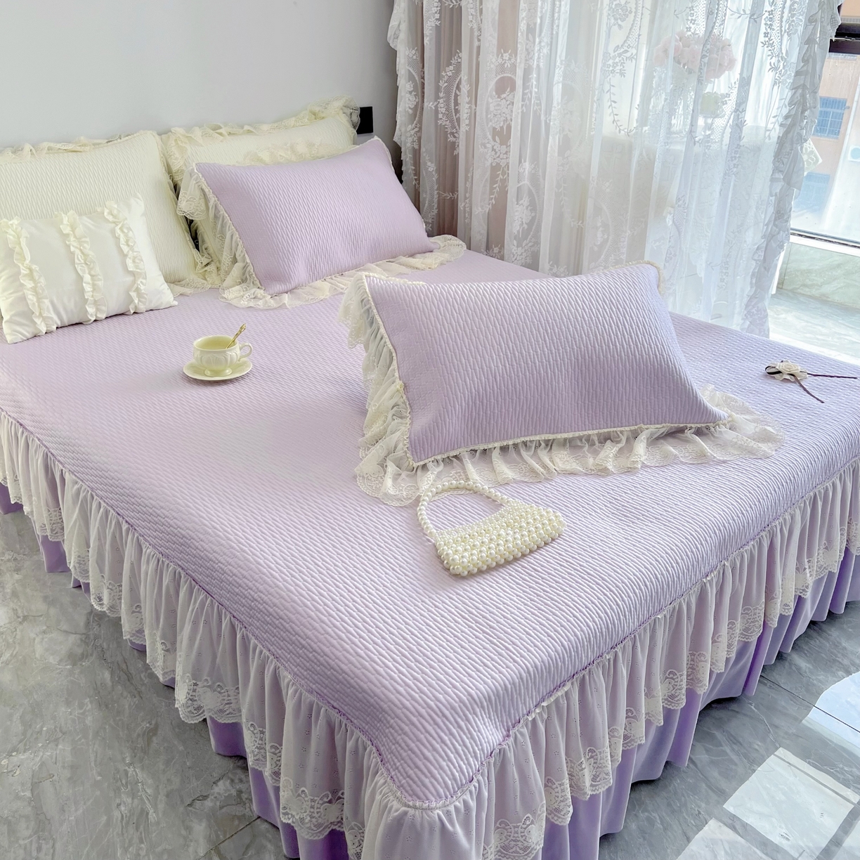 91家纺网 家纺一手货源 找家纺 恋尚羽 2026新款高分子PE凉泡泡大床裙凉感席波浪冰豆豆凉席席子三件套-系列 山茶可可 紫色