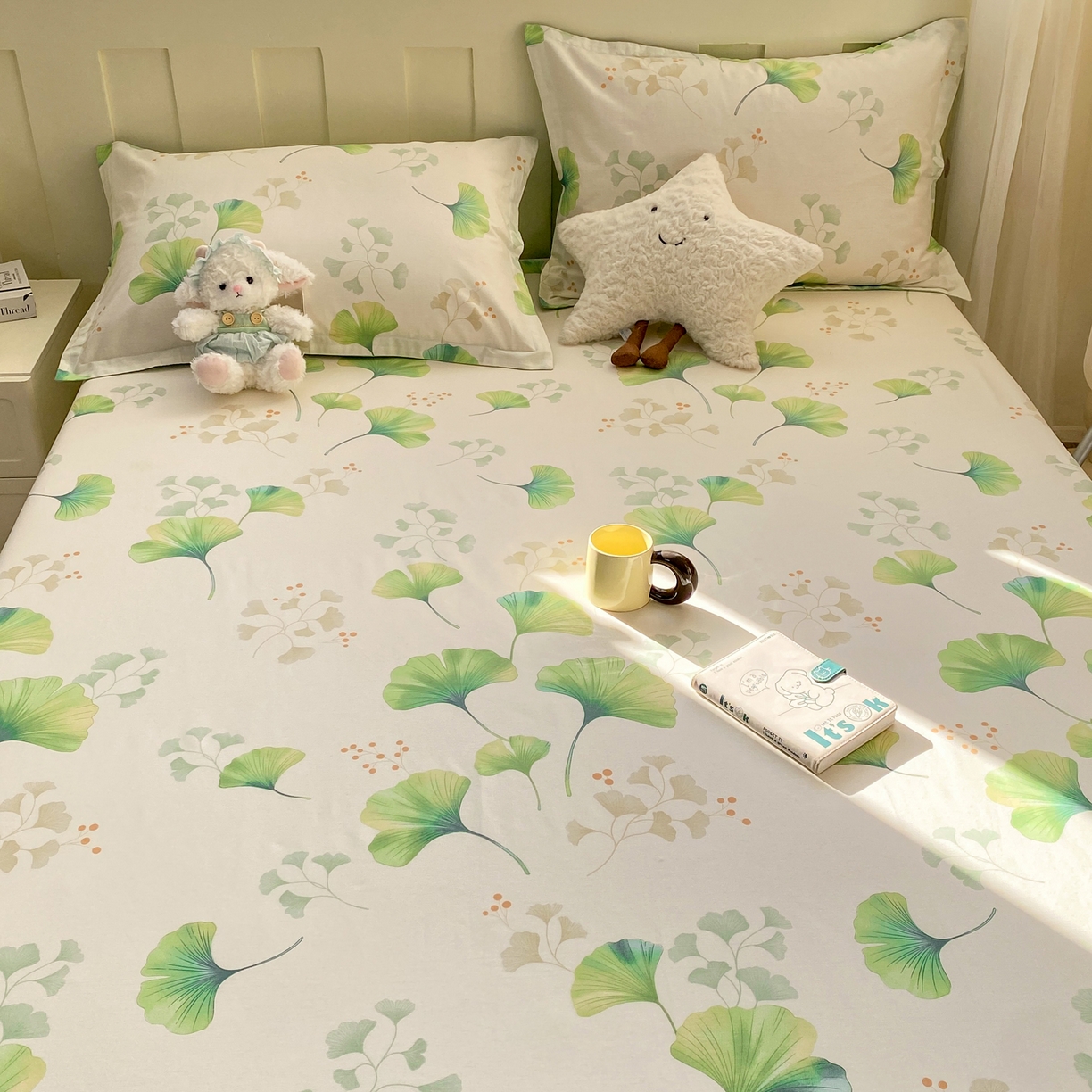 91家纺网 家纺一手货源 找家纺 女子家纺 2026新款全棉纯棉印花小印花花卉款单床笠床笠单件 青绿银杏