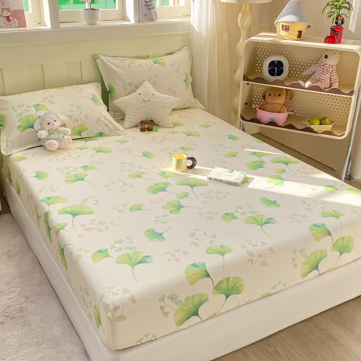 91家纺网 家纺一手货源 找家纺 女子家纺 2026新款全棉纯棉印花小印花花卉款单床笠床笠单件 青绿银杏