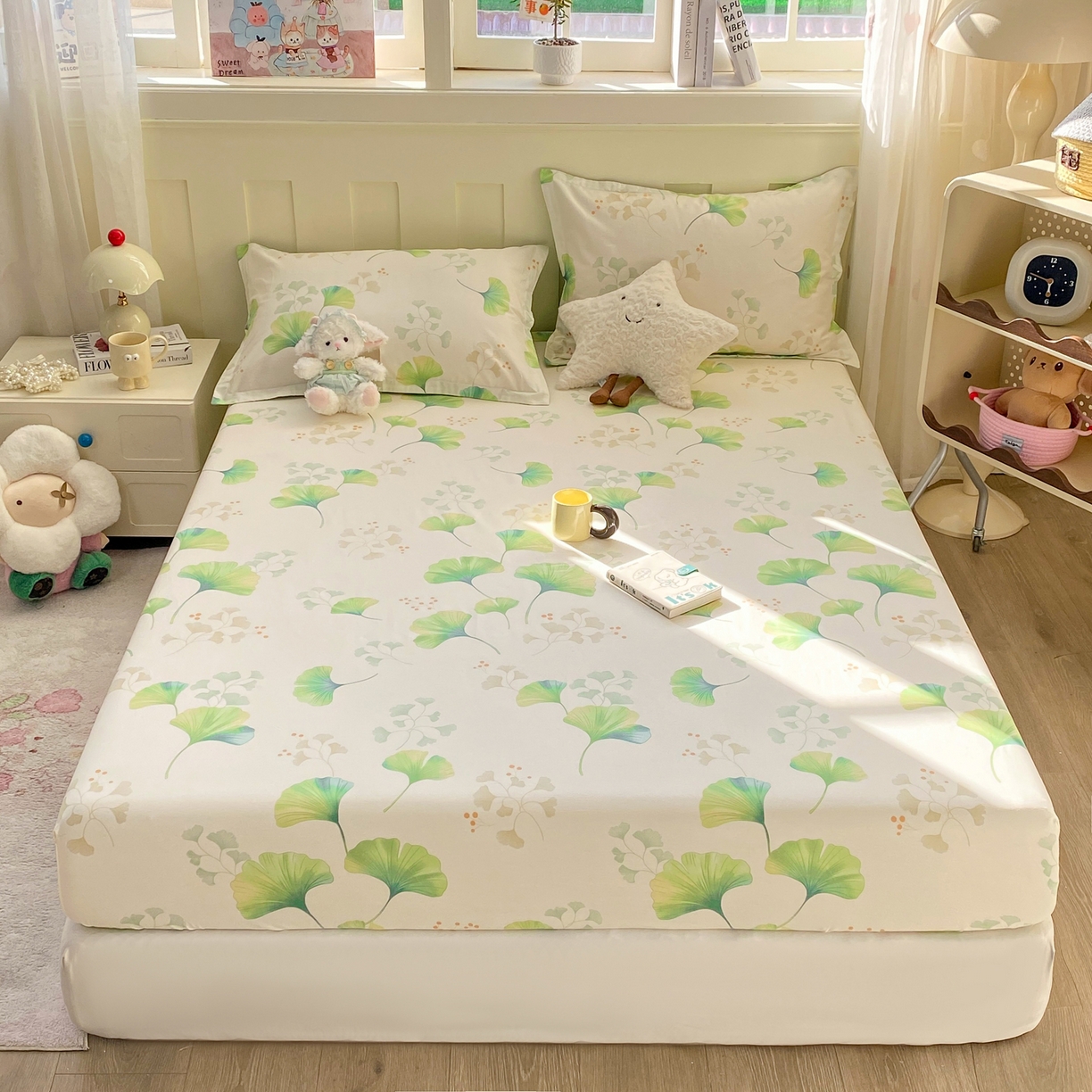 91家纺网 家纺一手货源 找家纺 女子家纺 2026新款全棉纯棉印花小印花花卉款单床笠床笠单件 青绿银杏