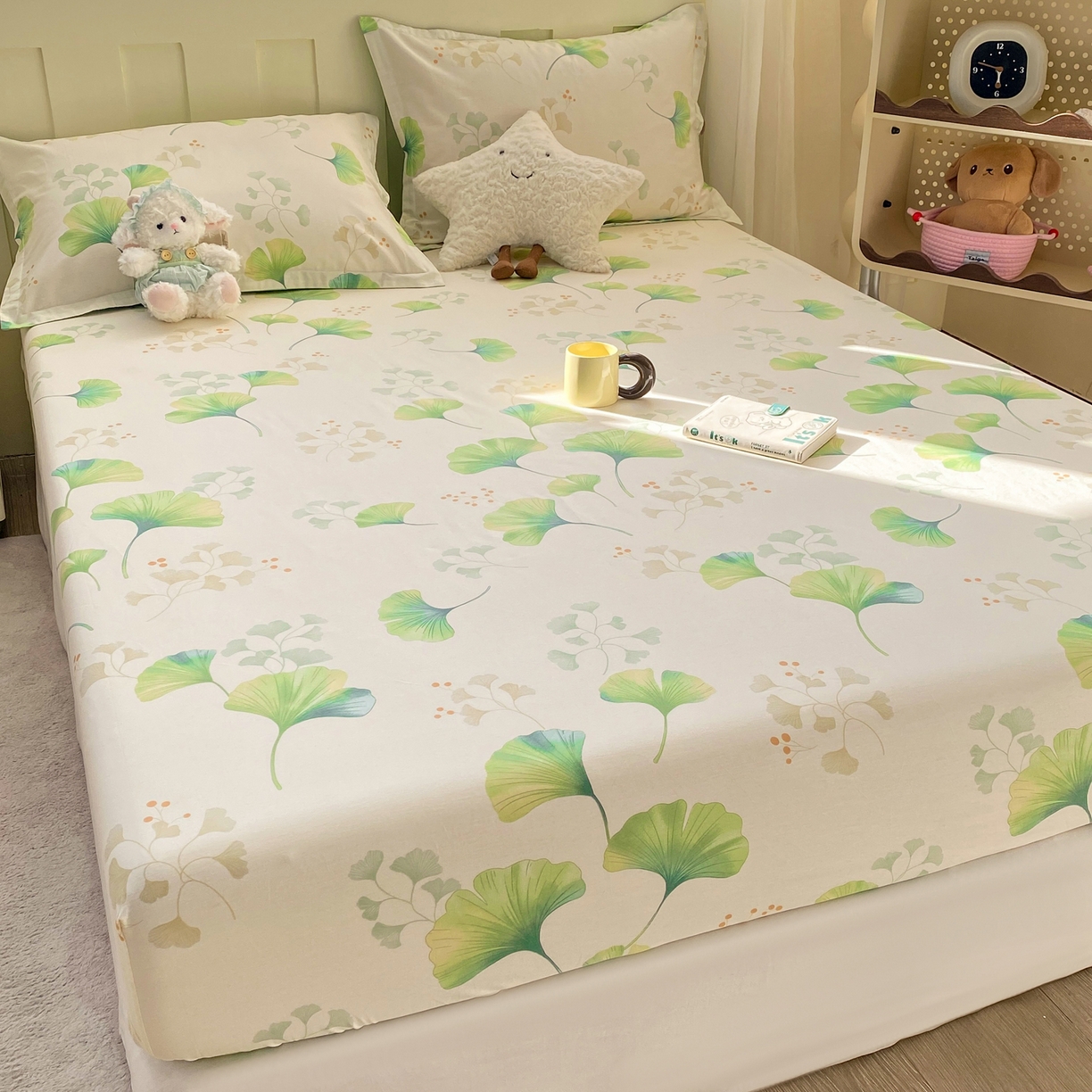 91家纺网 家纺一手货源 找家纺 女子家纺 2026新款全棉纯棉印花小印花花卉款单床笠床笠单件 青绿银杏