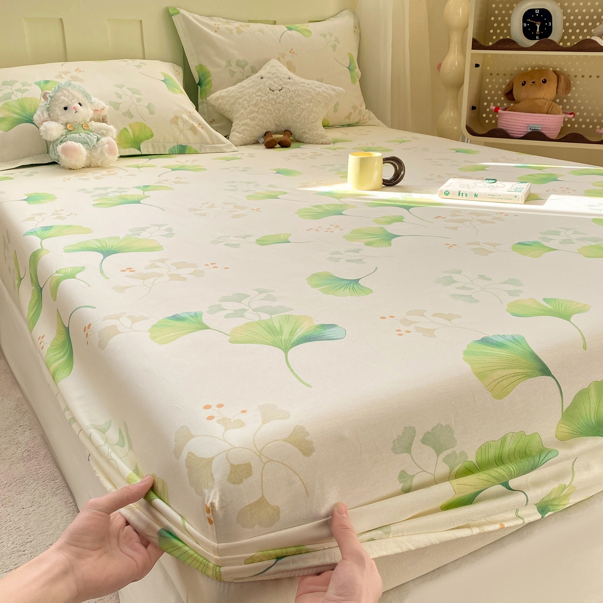 91家纺网 家纺一手货源 找家纺 女子家纺 2026新款全棉纯棉印花小印花花卉款单床笠床笠单件 青绿银杏