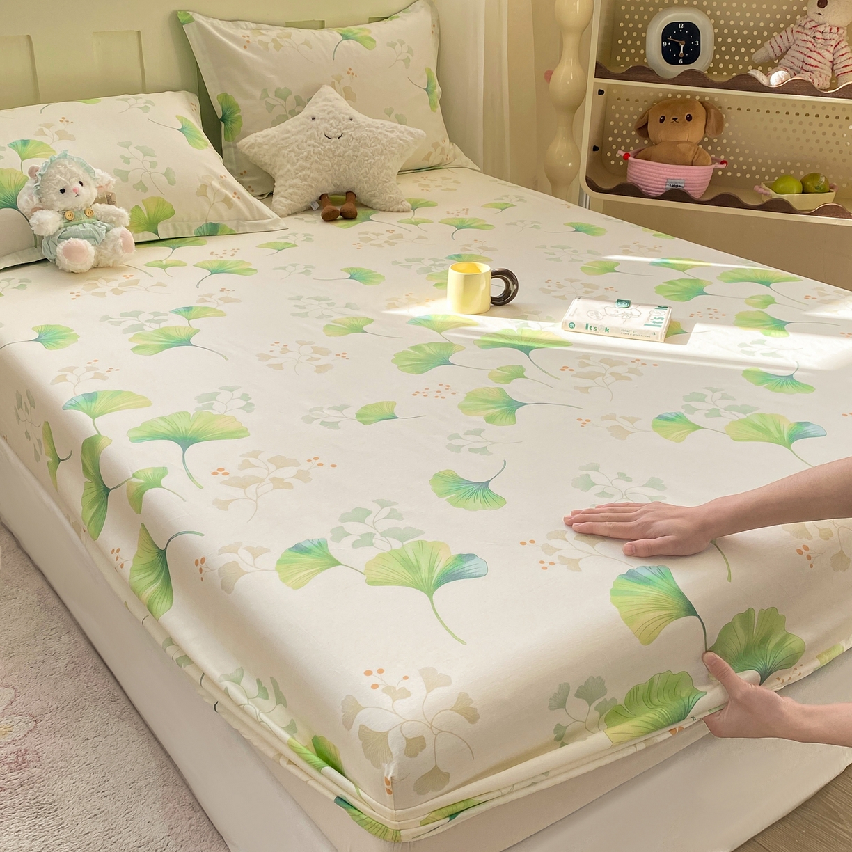 91家纺网 家纺一手货源 找家纺 女子家纺 2026新款全棉纯棉印花小印花花卉款单床笠床笠单件 青绿银杏