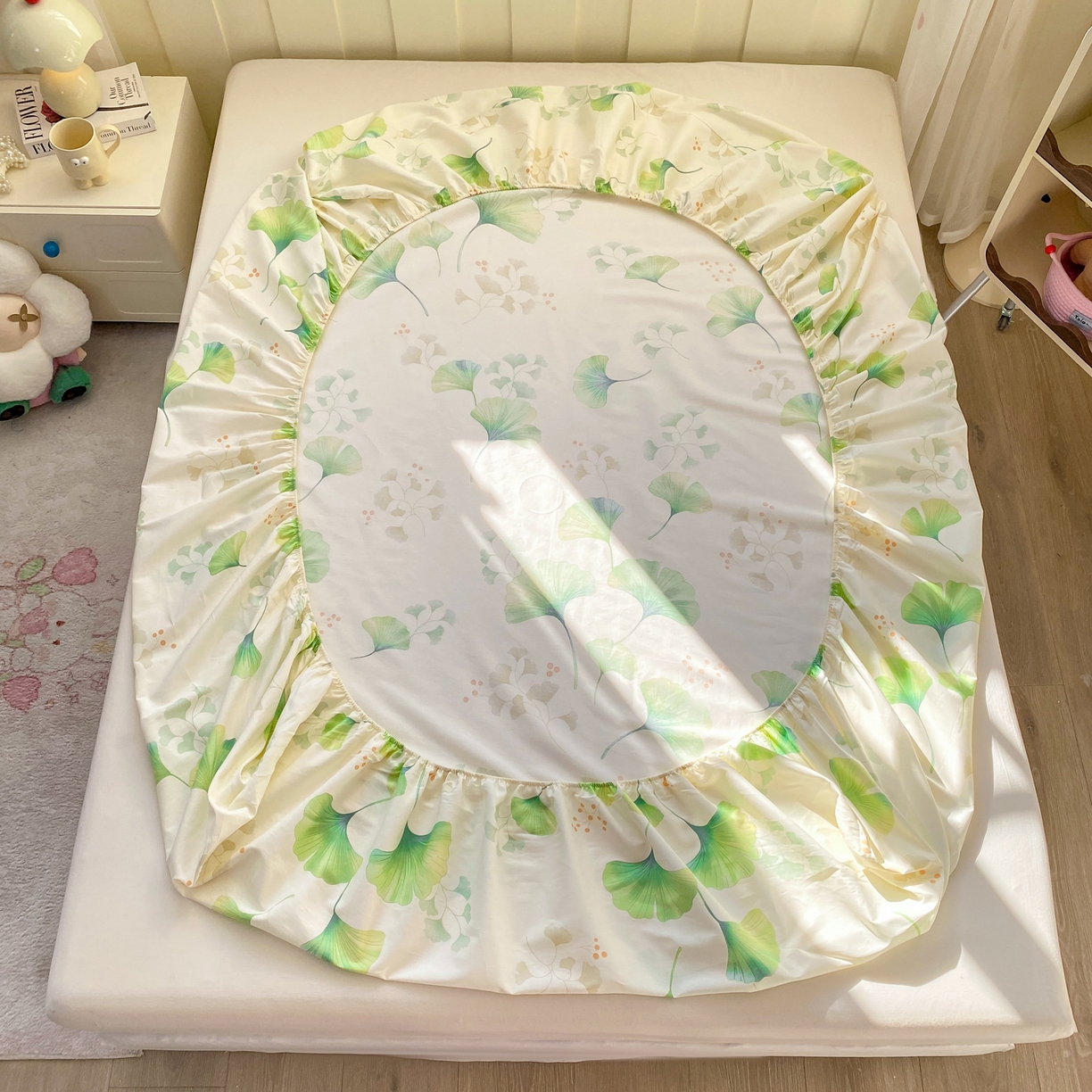 91家纺网 家纺一手货源 找家纺 女子家纺 2026新款全棉纯棉印花小印花花卉款单床笠床笠单件 青绿银杏