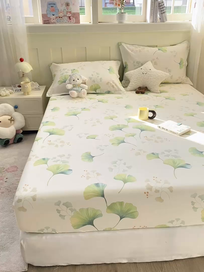 91家纺网 家纺一手货源 找家纺 女子家纺 2026新款全棉纯棉印花小印花花卉款单床笠床笠单件 青绿银杏