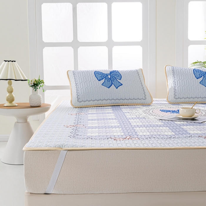 91家纺网 家纺一手货源 找家纺 羽梦家纺 2026新款冰柔丝乳胶床单款凉席蝴蝶结