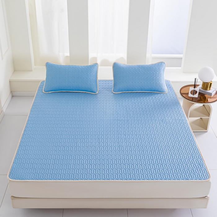 91家纺网 家纺一手货源 找家纺 羽梦家纺 2026新款冰柔丝乳胶床单款凉席蓝色