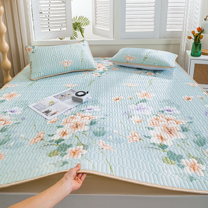 91家纺网 家纺一手货源 找家纺 羽梦家纺 2026新款冰柔丝乳胶床单款凉席曼谷花海