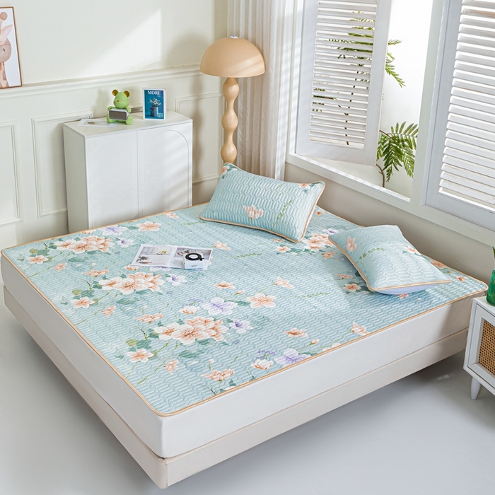 91家纺网 家纺一手货源 找家纺 羽梦家纺 2026新款冰柔丝乳胶床单款凉席曼谷花海