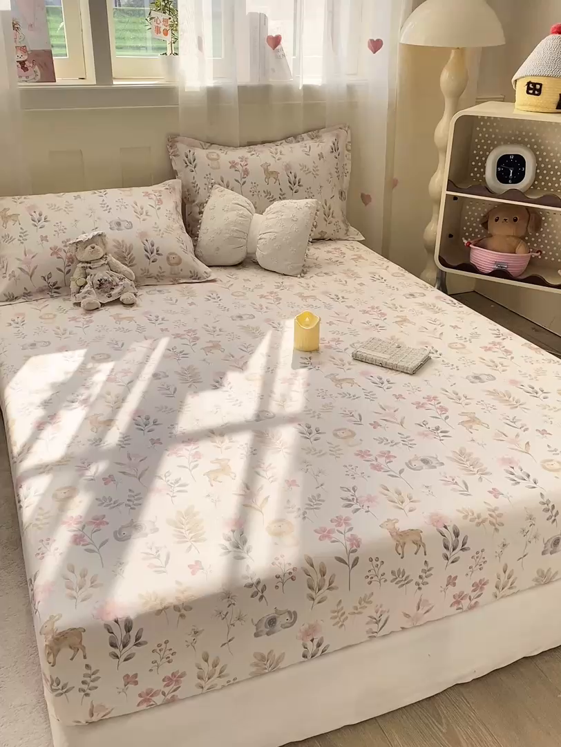 91家纺网 家纺一手货源 找家纺 女子家纺 2026新款全棉纯棉印花小印花花卉款单床笠床笠单件 自然手记粉