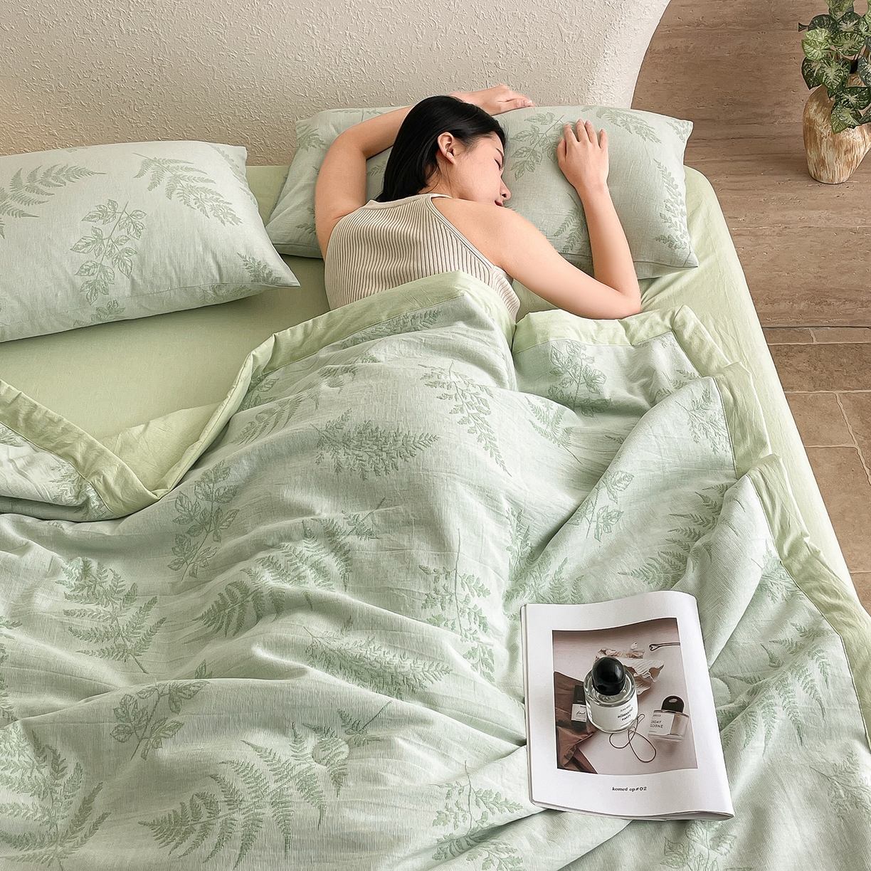 91家纺网 家纺一手货源 找家纺 吾诺家居 2026新款全棉色织提花三层纱夏被夏凉被空调被-华美 花影-绿