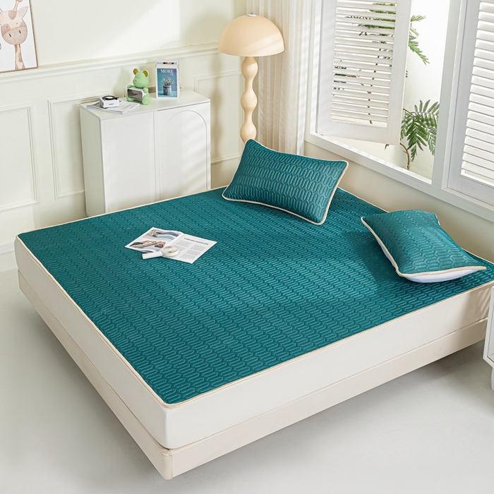 91家纺网 家纺一手货源 找家纺 羽梦家纺 2026新款冰柔丝乳胶床单款凉席墨绿