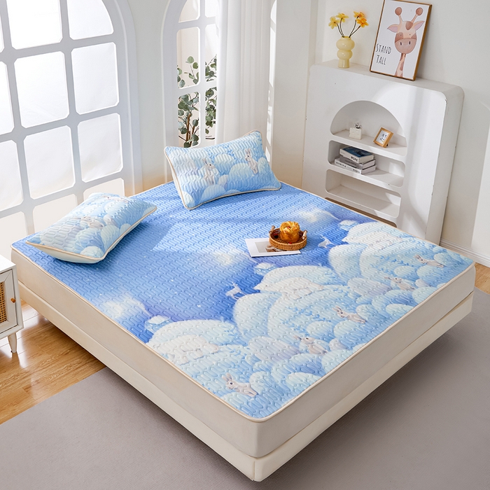 91家纺网 家纺一手货源 找家纺 羽梦家纺 2026新款冰柔丝乳胶床单款凉席云端兔语