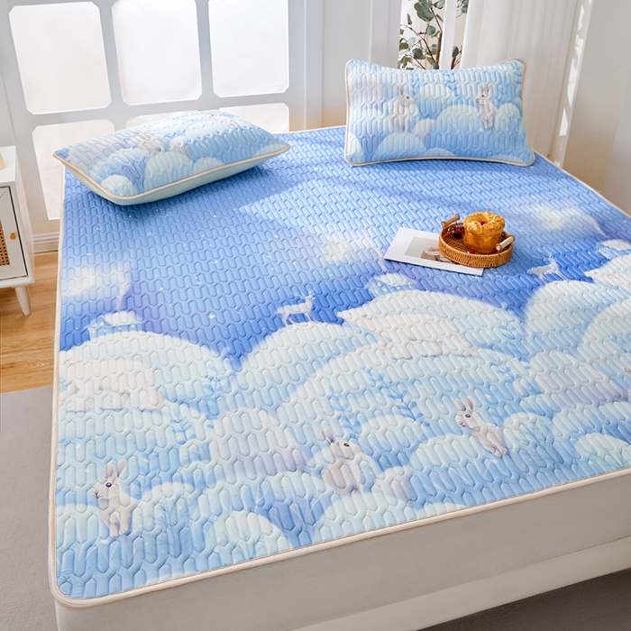 91家纺网 家纺一手货源 找家纺 羽梦家纺 2026新款冰柔丝乳胶床单款凉席云端兔语