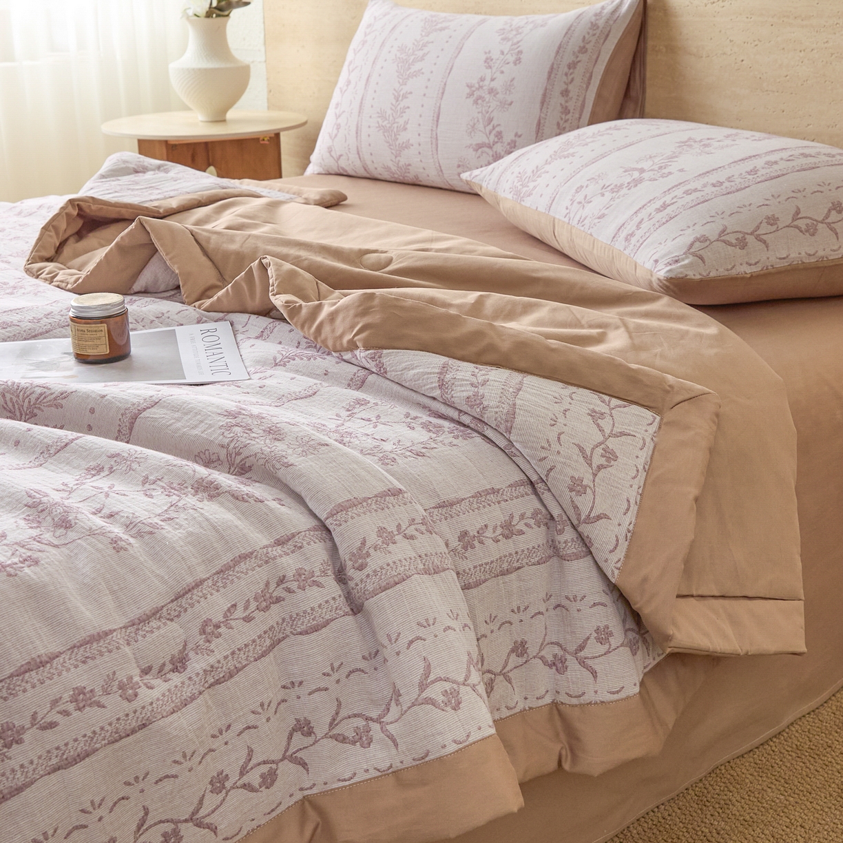 91家纺网 家纺一手货源 找家纺 吾诺家居 2026新款全棉色织提花三层纱夏被夏凉被空调被-华美 恋恋花开