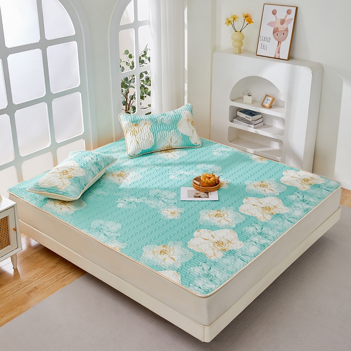 91家纺网 家纺一手货源 找家纺 羽梦家纺 2026新款冰柔丝乳胶床单款凉席青雾花影