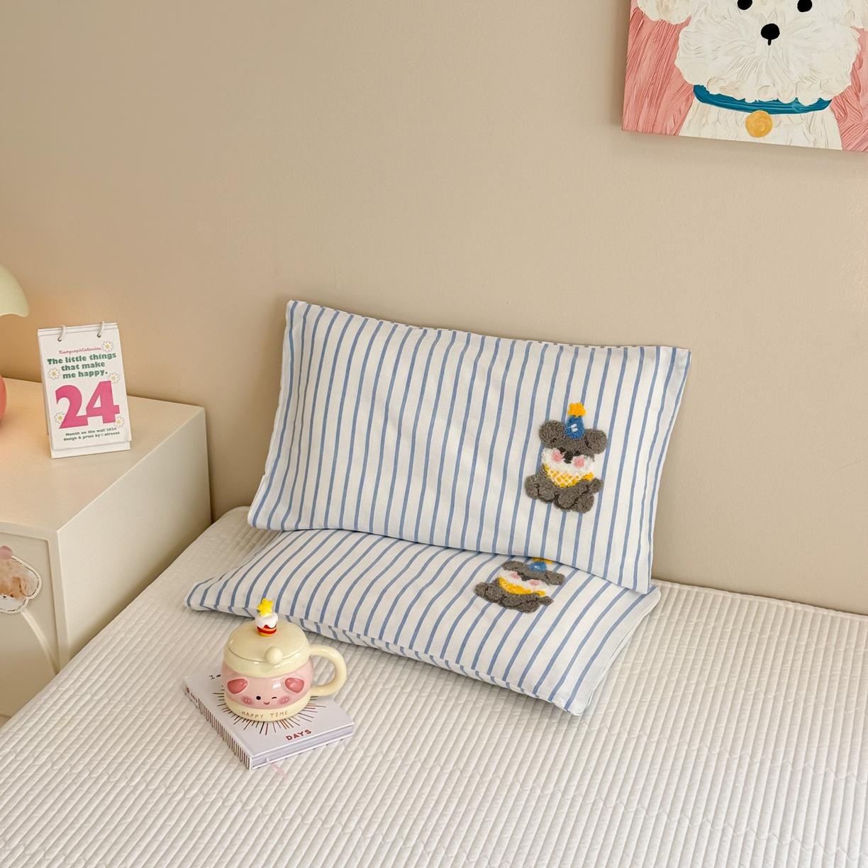 91家纺网 家纺一手货源 找家纺 慕尚家纺 2026新款色织水洗棉毛巾绣单枕套 枕套单件 多米 蓝条纹