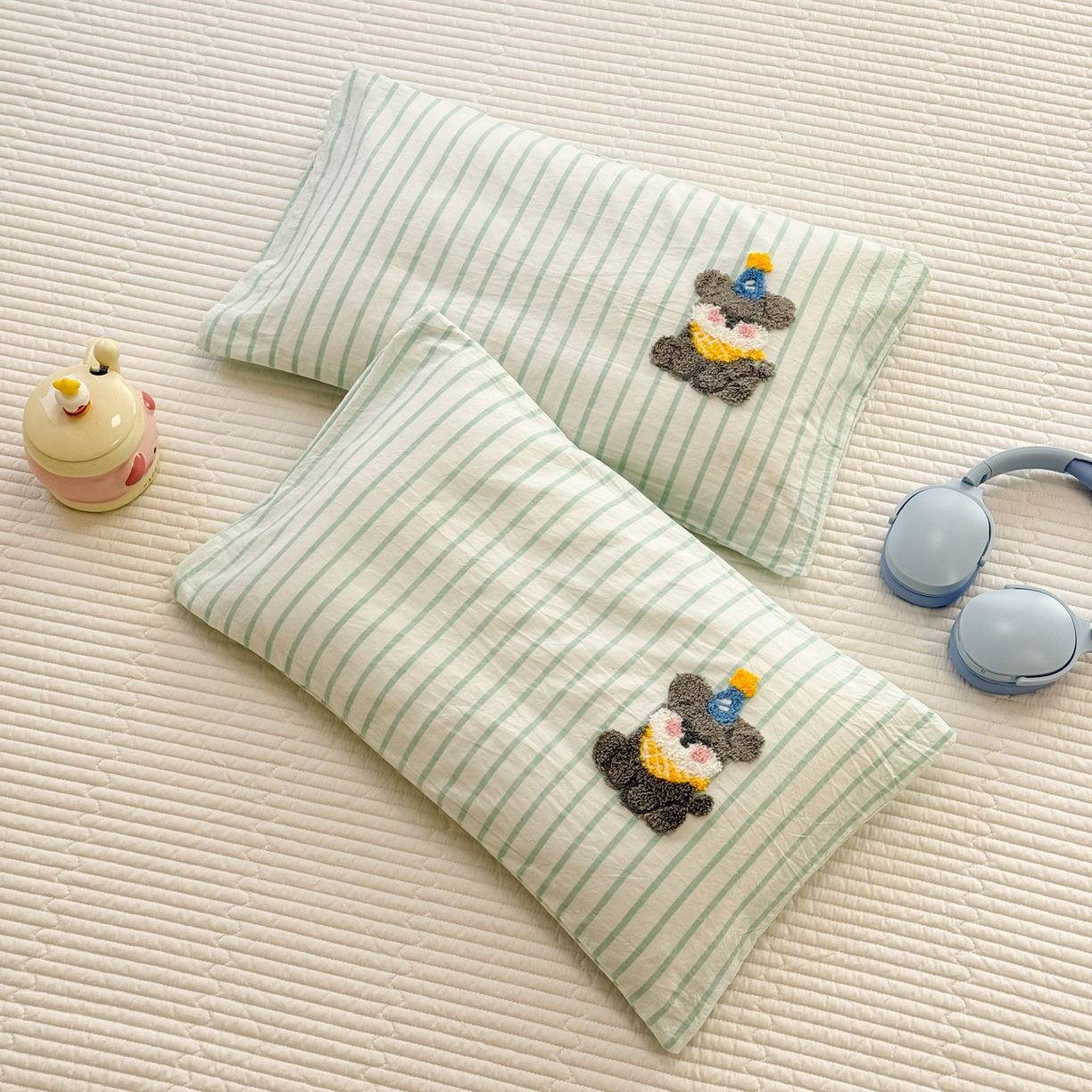 慕尚家纺 2026新款色织水洗棉毛巾绣单枕套 枕套单件 多米 绿条纹