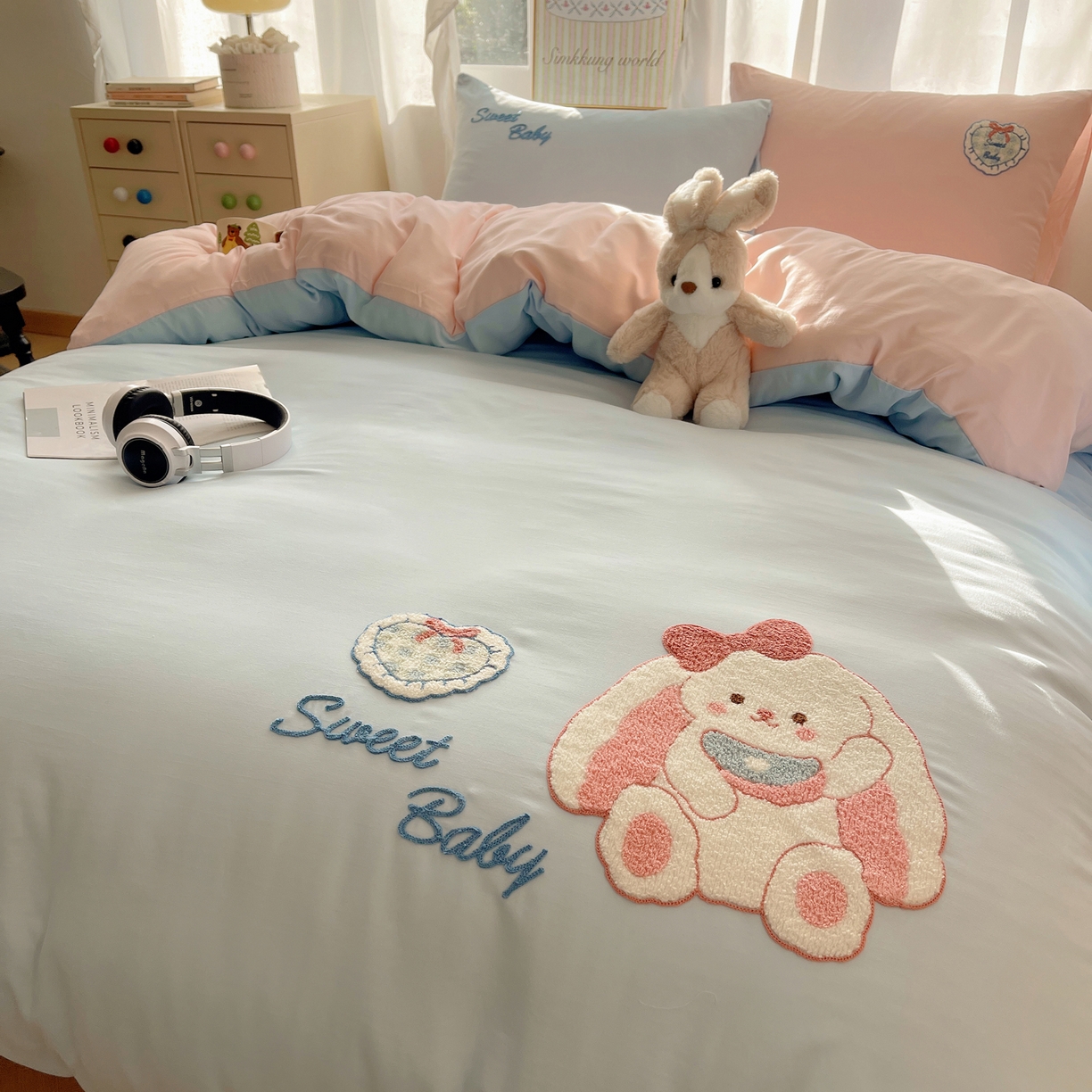 91家纺网 家纺一手货源 找家纺 韩都家居 2026春夏新款亲肤舒适毛巾绣四件套（包含买家秀原图） 爱心小兔