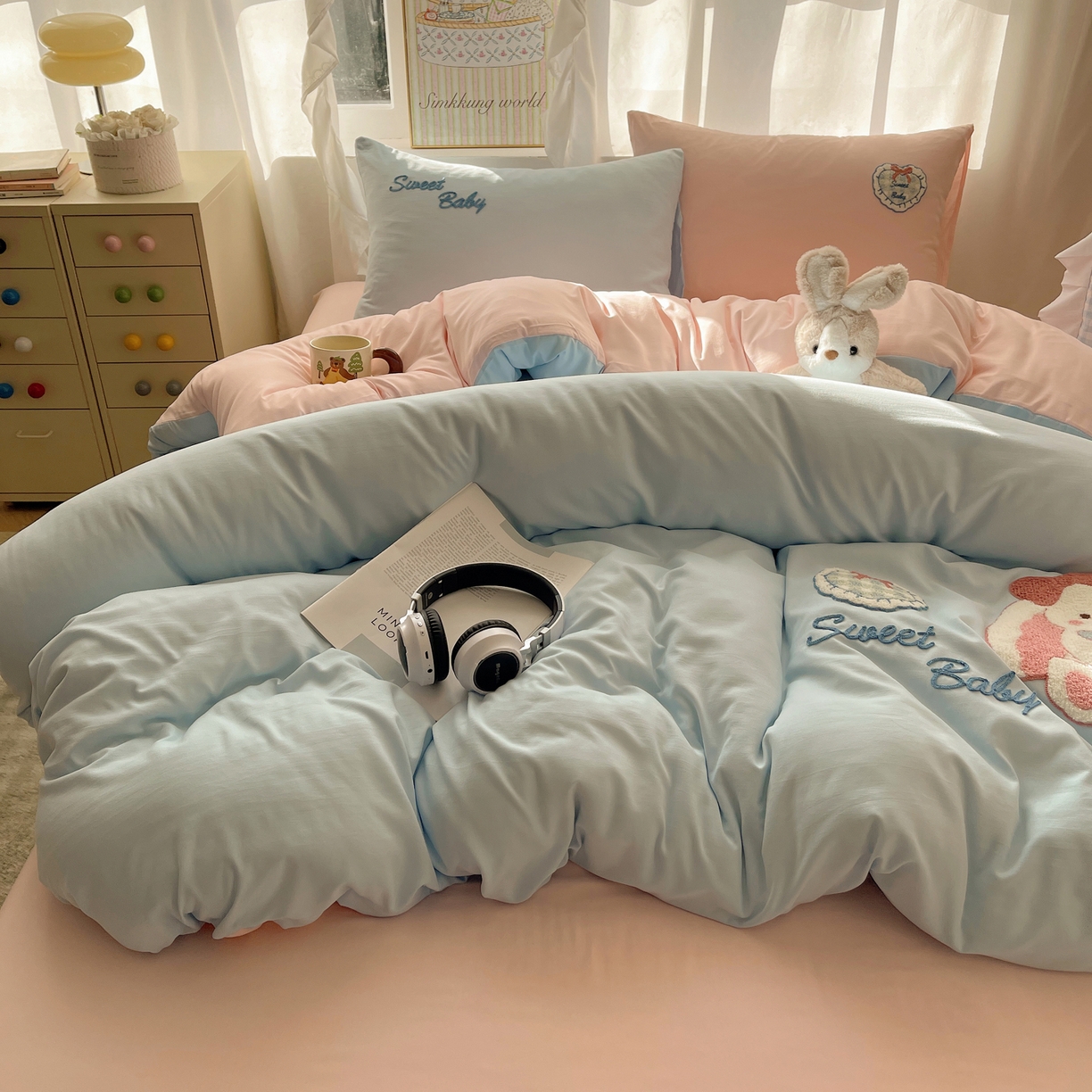 91家纺网 家纺一手货源 找家纺 韩都家居 2026春夏新款亲肤舒适毛巾绣四件套（包含买家秀原图） 爱心小兔