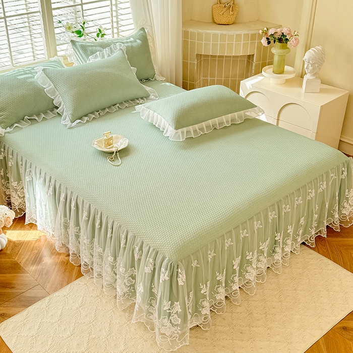 91家纺网 家纺一手货源 找家纺 后庭寝室 2026新款冰感豆豆床裙凉席夏被空调被四件套-花语系列 花语-水绿