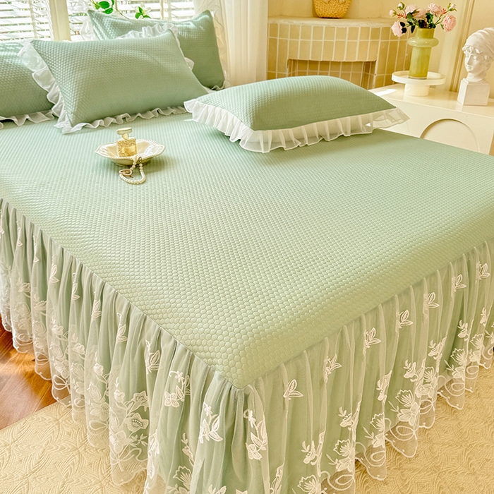 91家纺网 家纺一手货源 找家纺 后庭寝室 2026新款冰感豆豆床裙凉席夏被空调被四件套-花语系列 花语-水绿