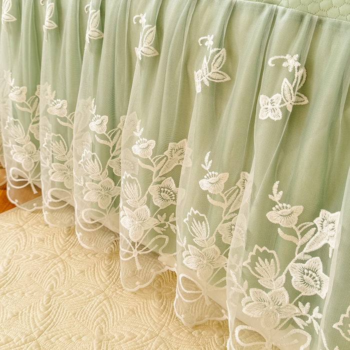 91家纺网 家纺一手货源 找家纺 后庭寝室 2026新款冰感豆豆床裙凉席夏被空调被四件套-花语系列 花语-水绿