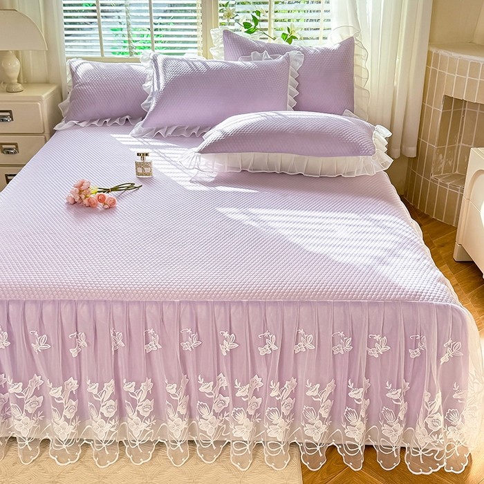 91家纺网 家纺一手货源 找家纺 后庭寝室 2026新款冰感豆豆床裙凉席夏被空调被四件套-花语系列 花语-浅紫