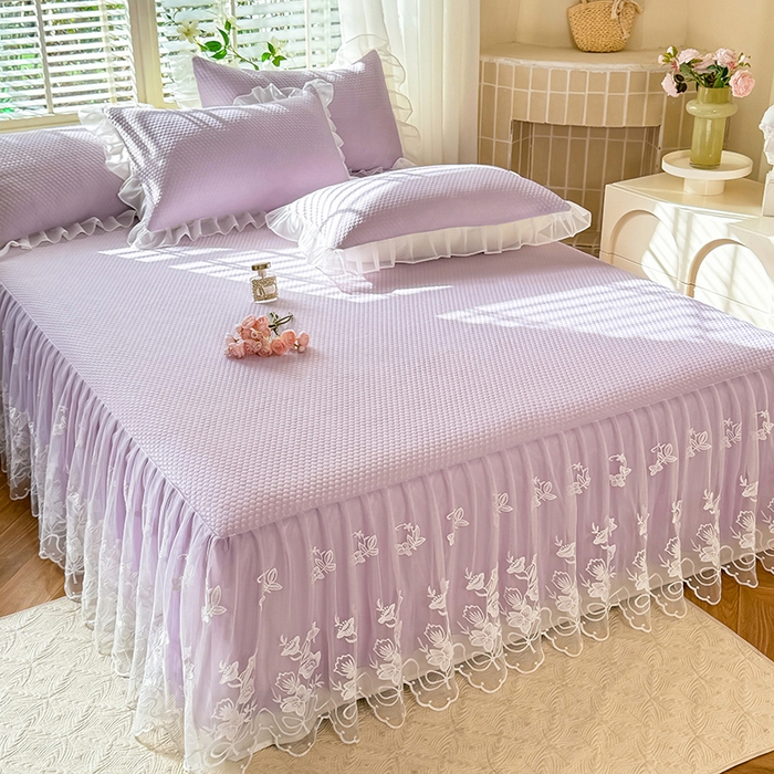 91家纺网 家纺一手货源 找家纺 后庭寝室 2026新款冰感豆豆床裙凉席夏被空调被四件套-花语系列 花语-浅紫