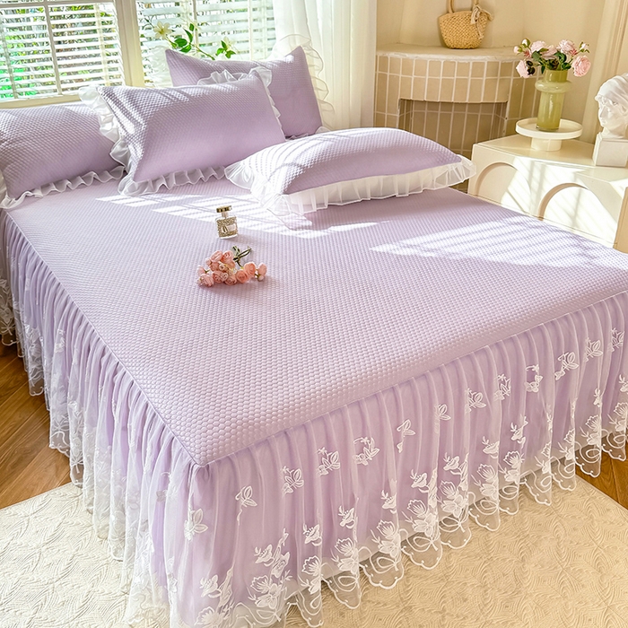 91家纺网 家纺一手货源 找家纺 后庭寝室 2026新款冰感豆豆床裙凉席夏被空调被四件套-花语系列 花语-浅紫
