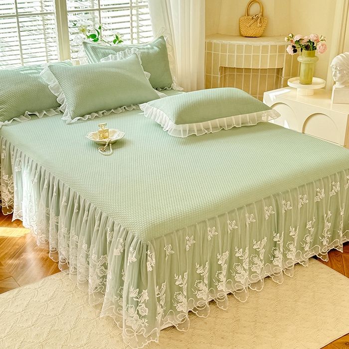 91家纺网 家纺一手货源 找家纺 后庭寝室 2026新款冰感豆豆床裙凉席夏被空调被四件套-花语系列 花语-水绿