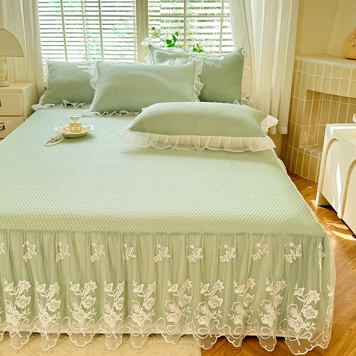 91家纺网 家纺一手货源 找家纺 后庭寝室 2026新款冰感豆豆床裙凉席夏被空调被四件套-花语系列 花语-水绿