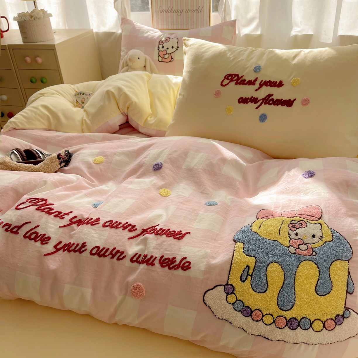 91家纺网 家纺一手货源 找家纺 韩都家居 2026春夏新款亲肤舒适毛巾绣四件套（包含买家秀原图） 蛋糕奶油猫