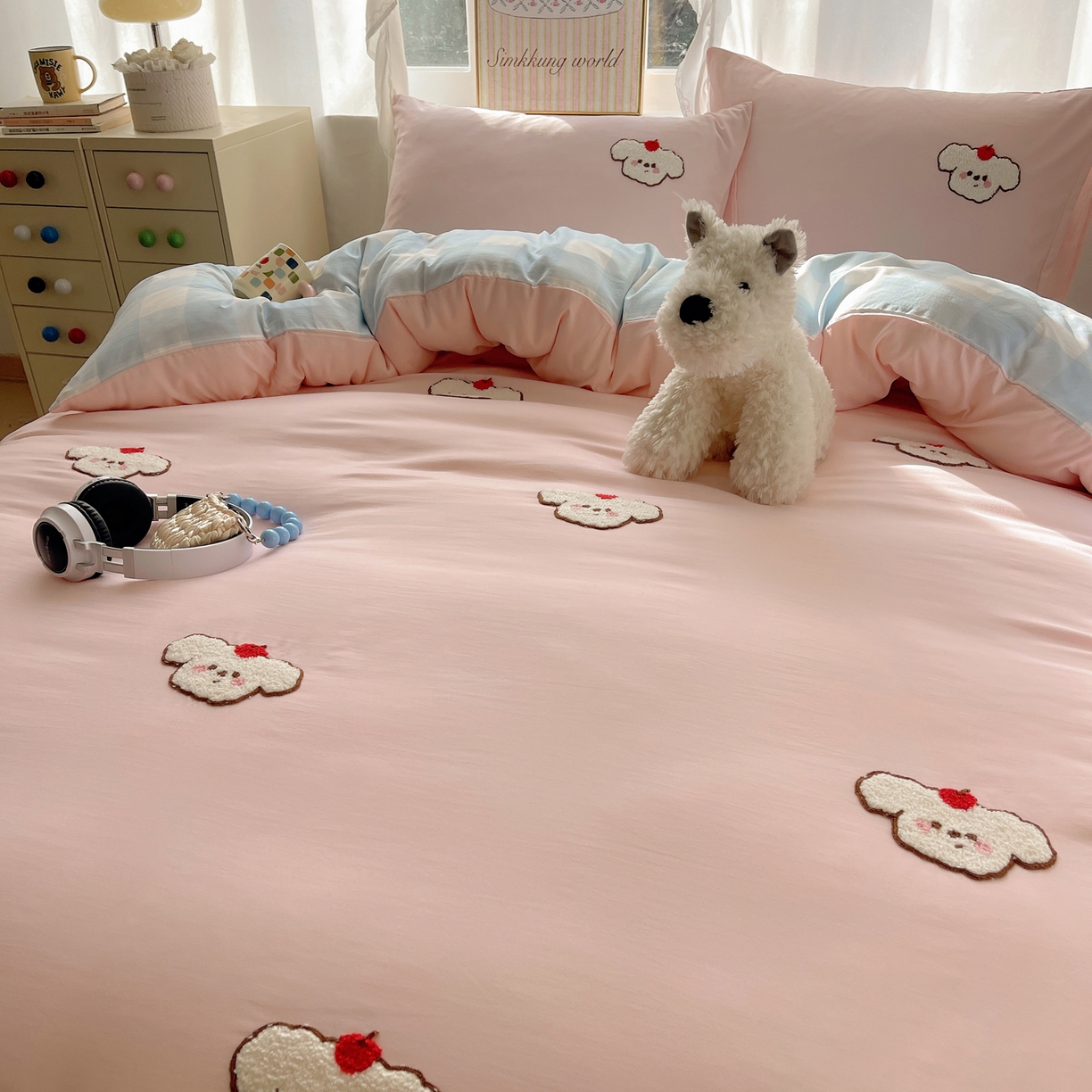 91家纺网 家纺一手货源 找家纺 韩都家居 2026春夏新款亲肤舒适毛巾绣四件套（包含买家秀原图） 可爱狗狗