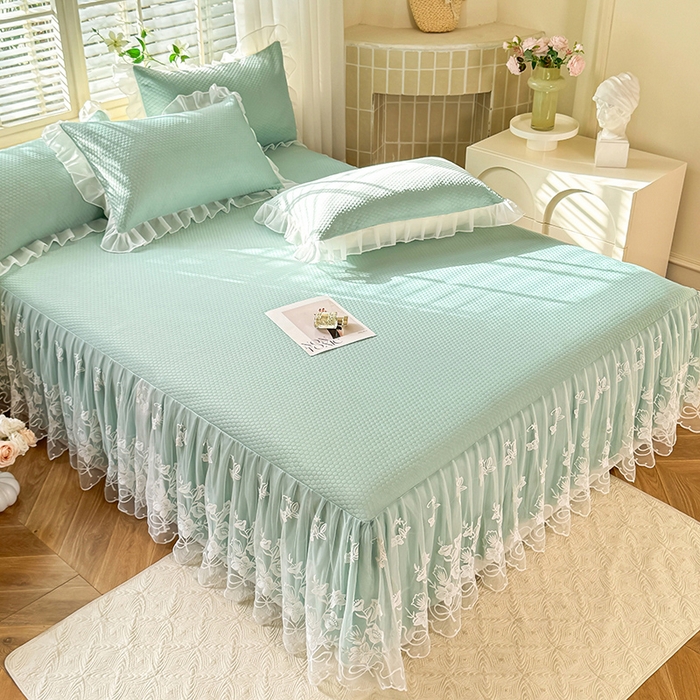 91家纺网 家纺一手货源 找家纺 后庭寝室 2026新款冰感豆豆床裙凉席夏被空调被四件套-花语系列 花语-浅蓝