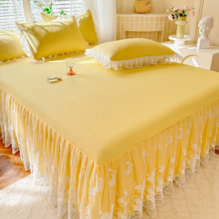 91家纺网 家纺一手货源 找家纺 后庭寝室 2026新款冰感豆豆床裙凉席夏被空调被四件套-花语系列 花语-嫩黄